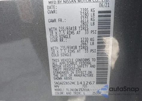 2021 Nissan Murano Sv Intelligent Awd z USA, uszkodzony, nr VIN 5N1AZ2BS2MC141267